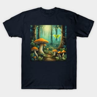 Magic Mushroom Forest with Luna Moth in Moonlight T-Shirt